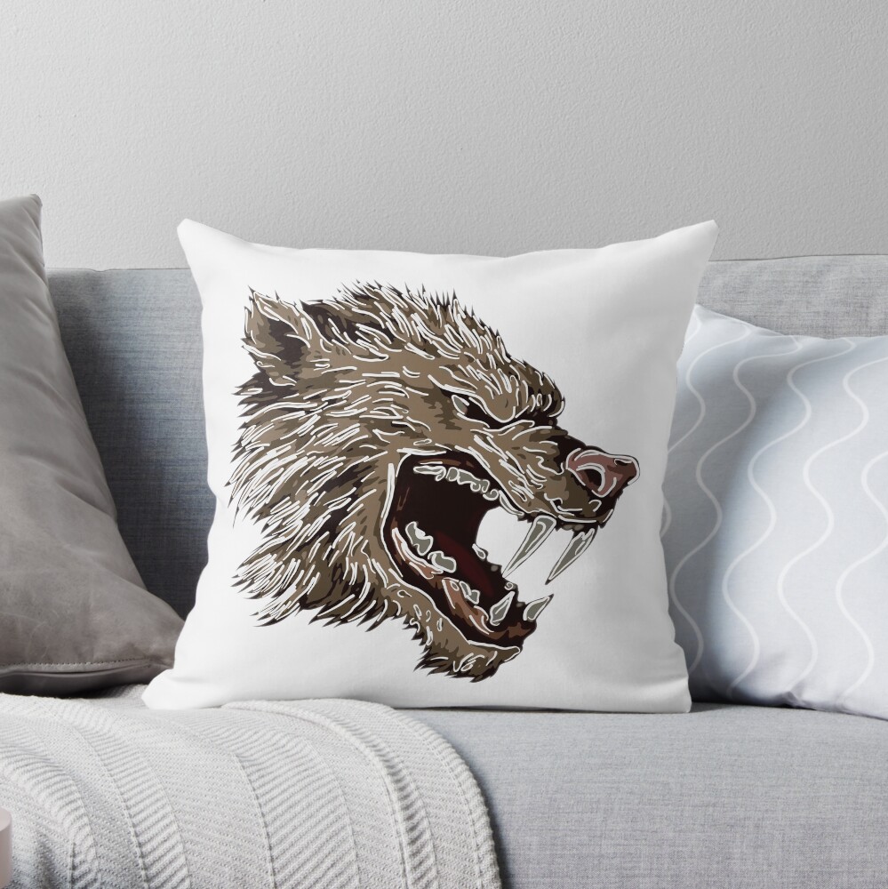 Head with fangs.White lines. Throw Pillow