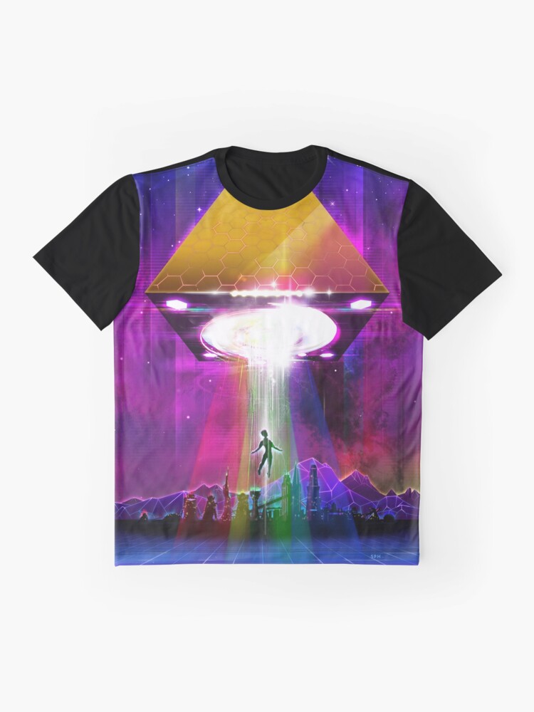 Alternate view of Abduction (Tetra) - Retro Synthwave UFO Pyramid Graphic T-Shirt