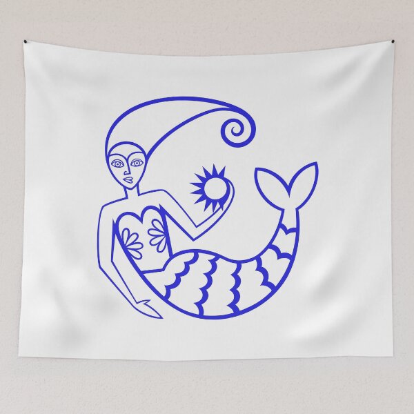 Item preview, Original Mermaid Holding the Sun Folk Artwork Illustration (lapis lazuli blue) designed and sold by wariana.