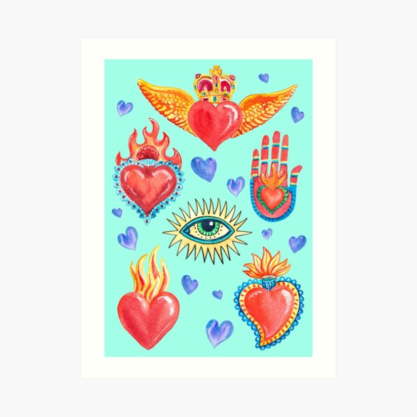 Sacred hearts Mexican watercolor