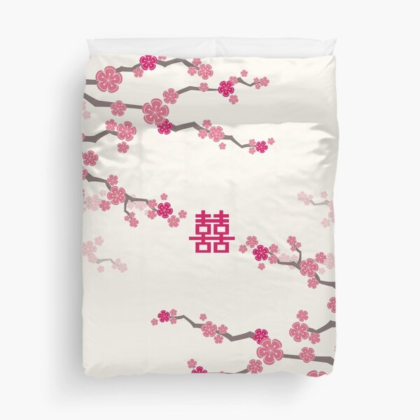 Fuchsia Pink Oriental Cherry Blossoms on Cream and Chinese Wedding Double Happiness | Japanese Sakura © fatfatin Duvet Cover