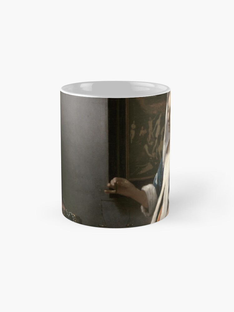 Alternate view of Woman Holding a Balance Oil Painting by Johannes Vermeer Mug