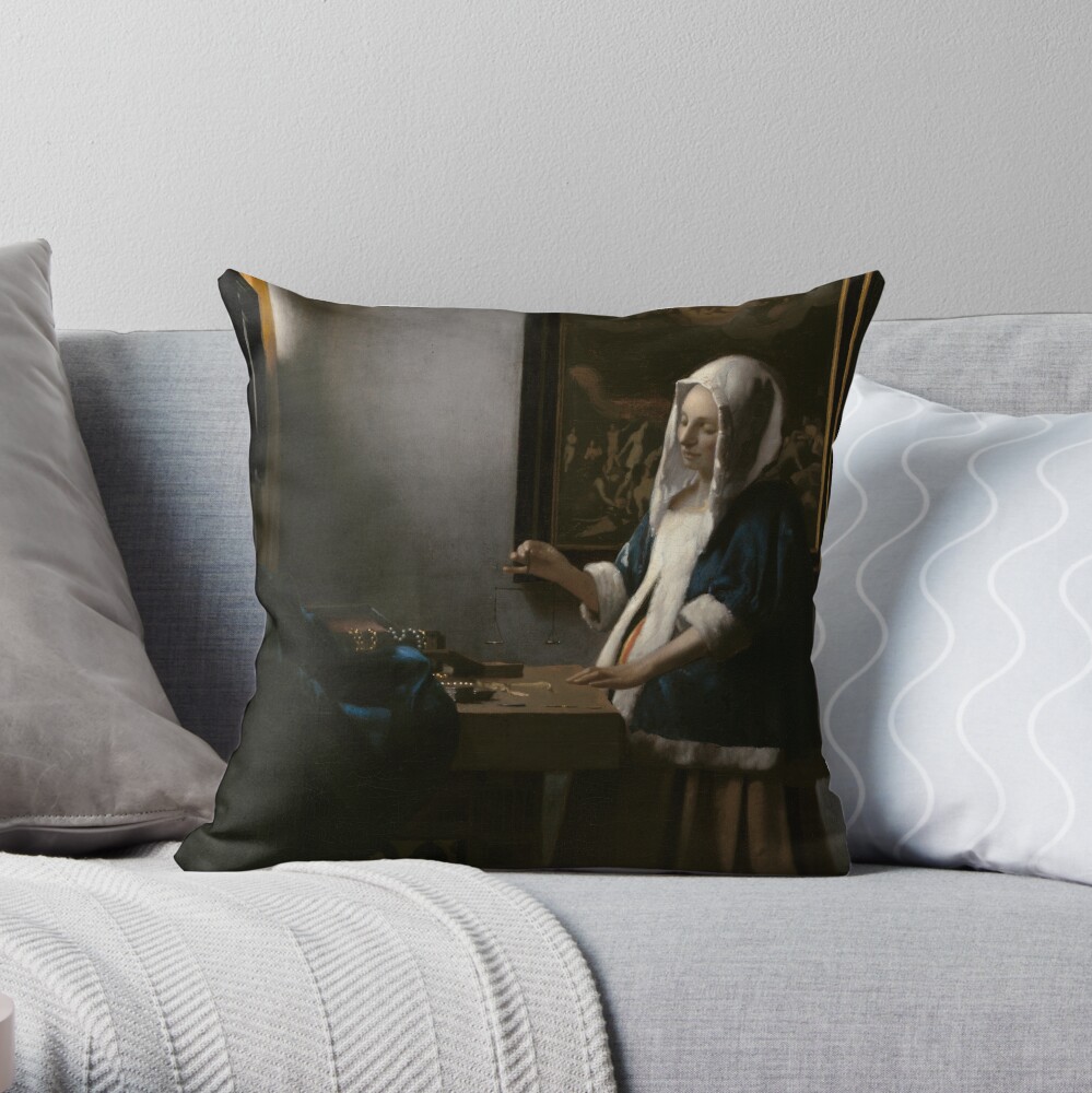 Woman Holding a Balance Oil Painting by Johannes Vermeer Throw Pillow