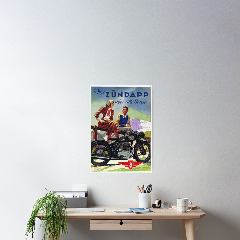 ZUNDAPP-Motorrad über Gebirgsanzeige-Vintagen deutschen Zyklen Poster