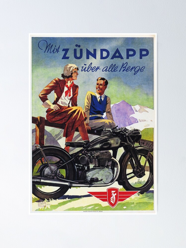 ZUNDAPP-Motorrad über Gebirgsanzeige-Vintagen deutschen Zyklen Poster