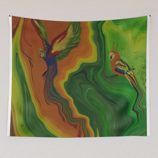 Item preview, Abstract Fluid Painting Wave Pattern Green Orange Parrots designed and sold by Patricia Piotrak.