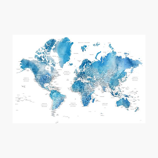 Blue watercolor world map with US state capitals Photographic Print