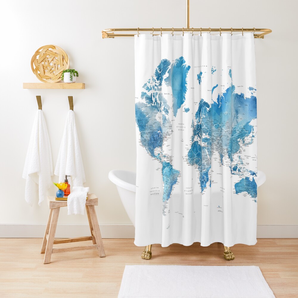 Blue Watercolor World Map With Us State Capitals Shower Curtain