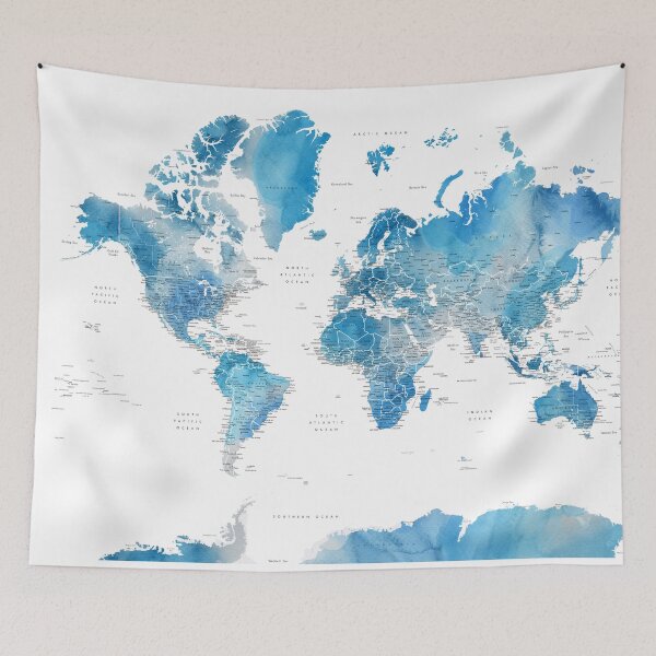 Item preview, Blue watercolor world map with US state capitals designed and sold by blursbyai.