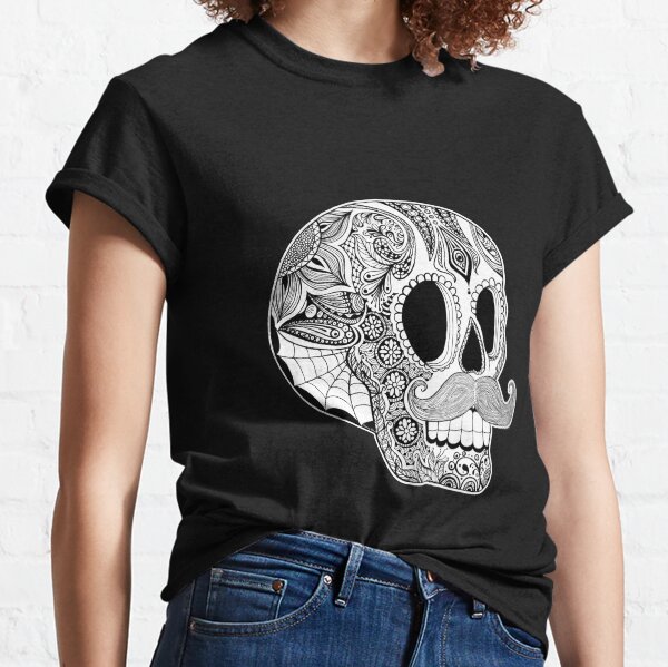 Mustache Sugar Skull (Black & White) Classic T-Shirt