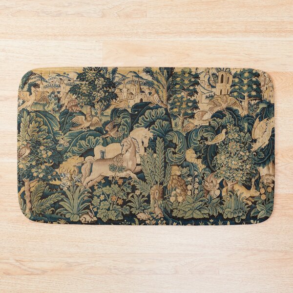 Item preview, FANTASTIC ANIMALS AND HORSES IN WOODLAND Blue Green Ivory Antique French Tapestry designed and sold by BulganLumini.