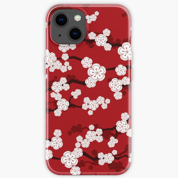 White Oriental Cherry Blossoms On Red | Zen Japanese Sakura Flowers © fatfatin iPhone Soft Case