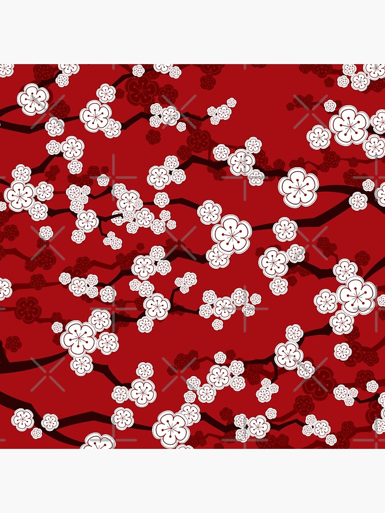White Oriental Cherry Blossoms On Red | Zen Japanese Sakura Flowers by fatfatin