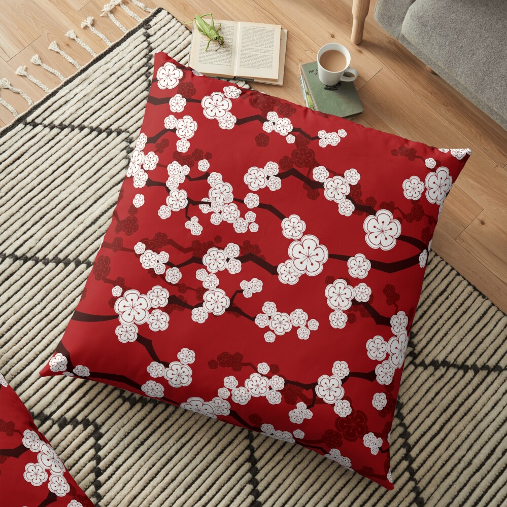 White Oriental Cherry Blossoms On Red | Zen Japanese Sakura Flowers Floor Pillow
