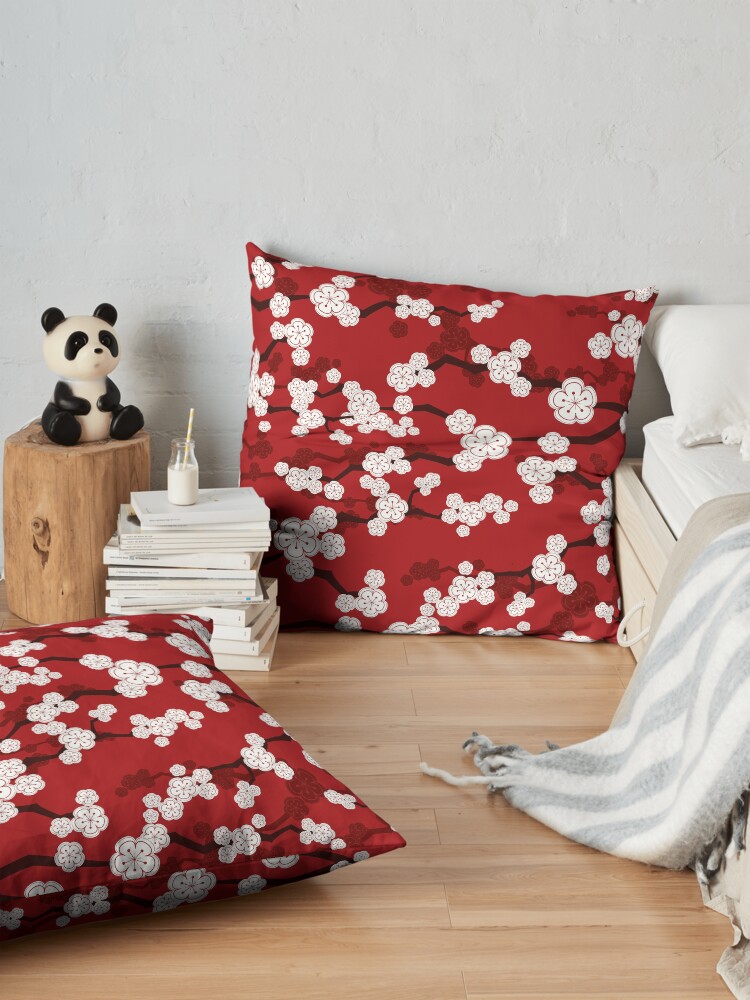 Alternate view of White Oriental Cherry Blossoms On Red | Zen Japanese Sakura Flowers Floor Pillow