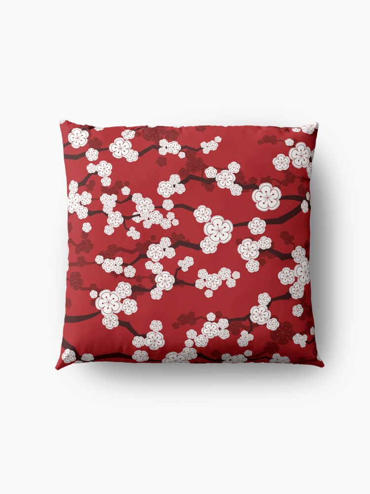 Alternate view of White Oriental Cherry Blossoms On Red | Zen Japanese Sakura Flowers Floor Pillow