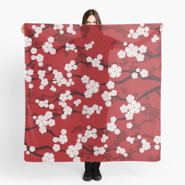 White Oriental Cherry Blossoms On Red | Zen Japanese Sakura Flowers © fatfatin Scarf