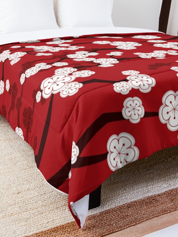 "White Oriental Cherry Blossoms On Red Zen Japanese Sakura Flowers" Comforter by fatfatin