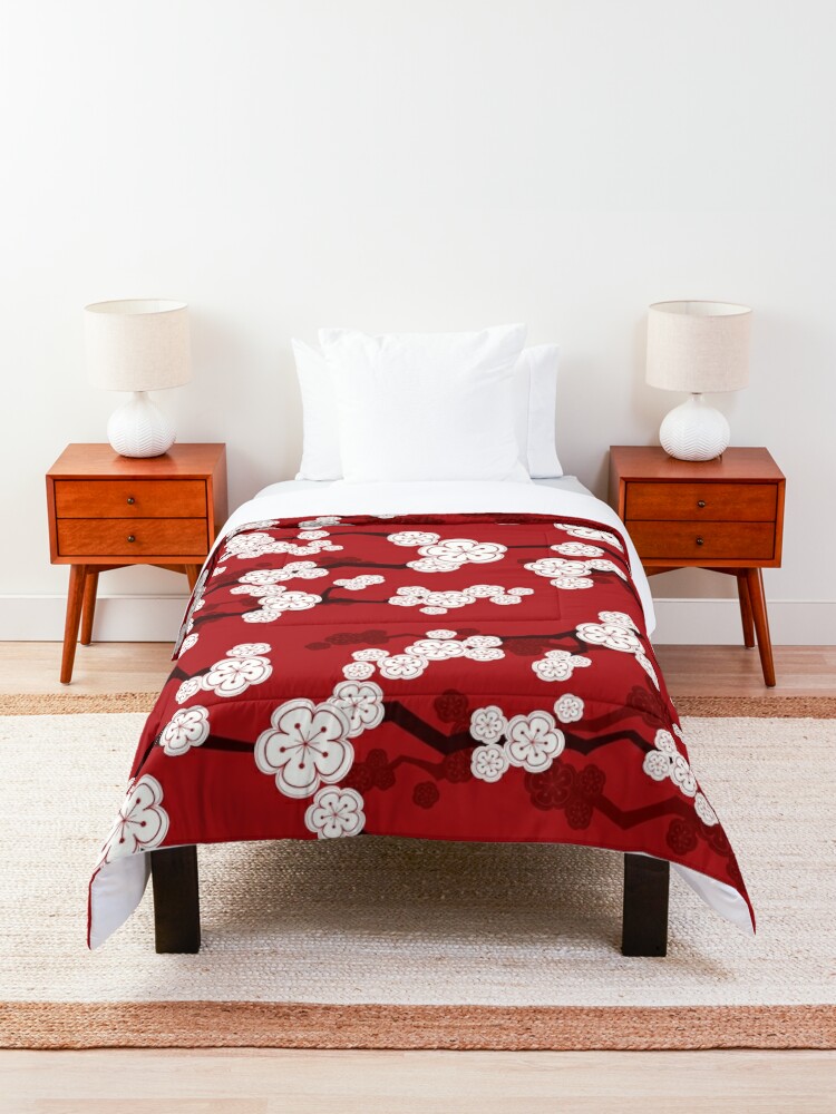 White Oriental Cherry Blossoms On Red Zen Japanese Sakura Flowers Comforter By Fatfatin 4804