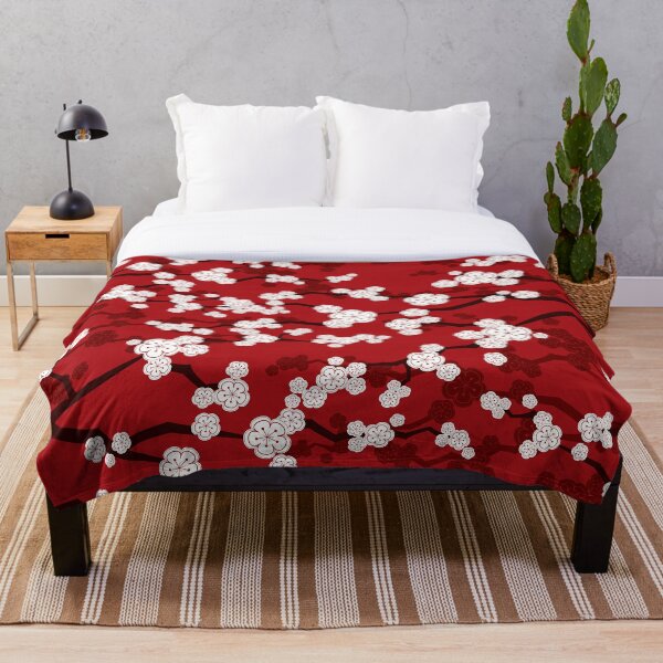 White Oriental Cherry Blossoms On Red | Zen Japanese Sakura Flowers Throw Blanket