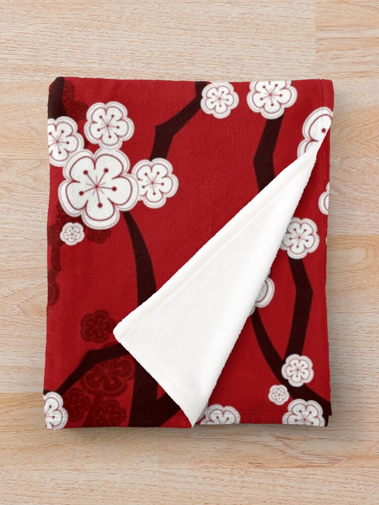 "White Oriental Cherry Blossoms On Red Zen Japanese Sakura Flowers