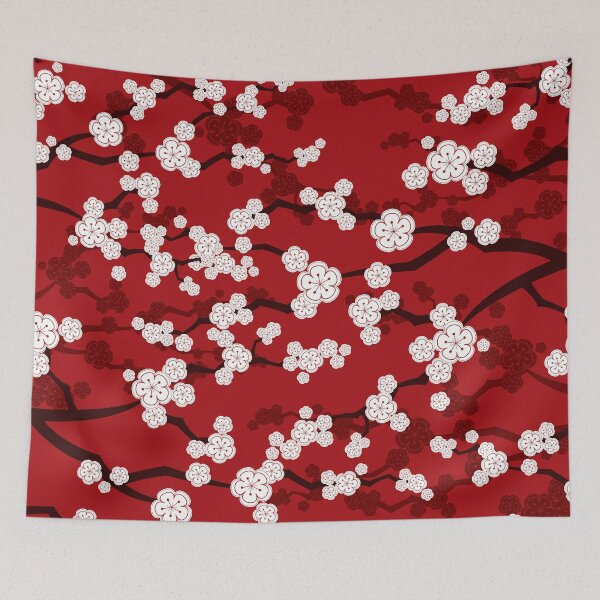 Item preview, White Oriental Cherry Blossoms On Red | Zen Japanese Sakura Flowers © fatfatin  designed and sold by fatfatin.