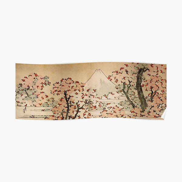 'Mount Fuji Behind Cherry Tree and Flowers' by Katsushika Hokusai (Reproduction) Poster