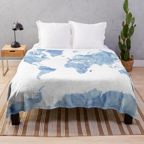 Item preview, Blue watercolor world map with outlined countries, "Vance" designed and sold by blursbyai.
