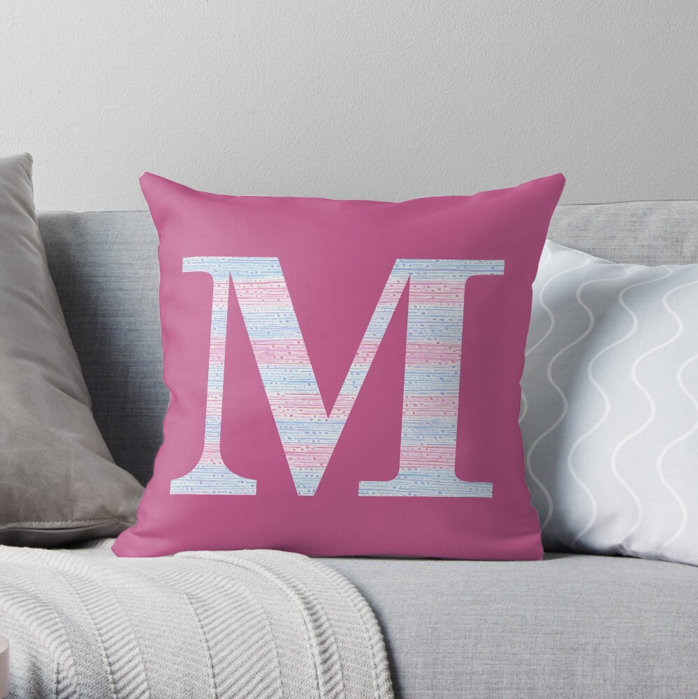 Letter M Blue And Pink Dots And Dashes Monogram Initial Throw Pillow