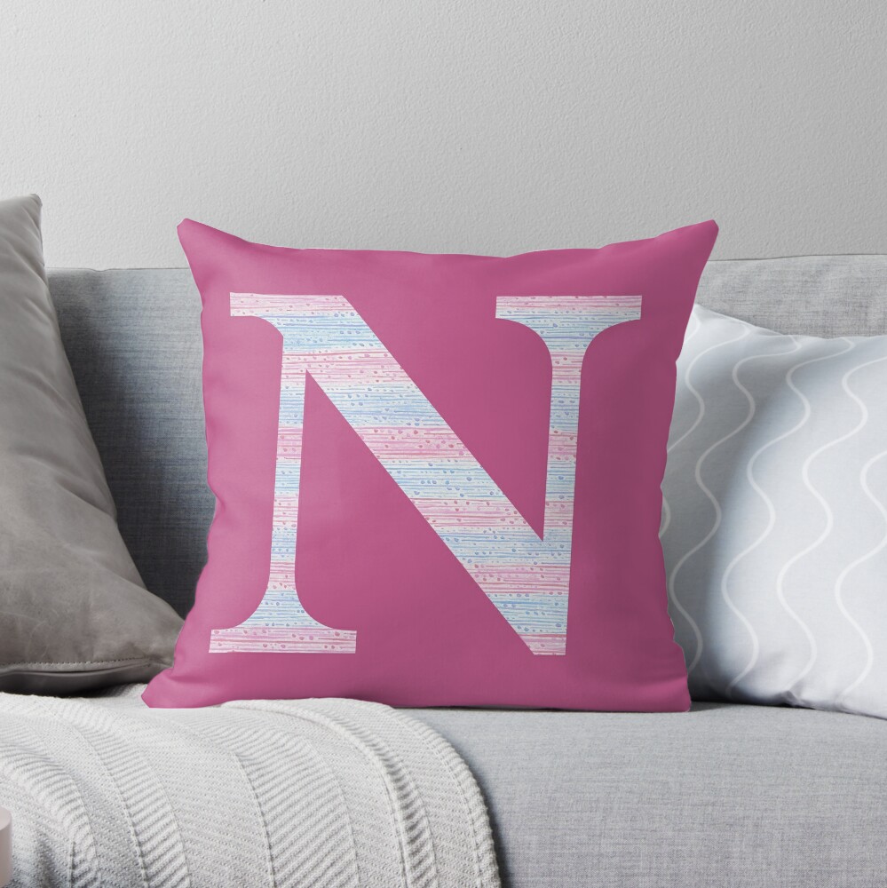 Letter N Blue And Pink Dots And Dashes Monogram Initial Throw Pillow