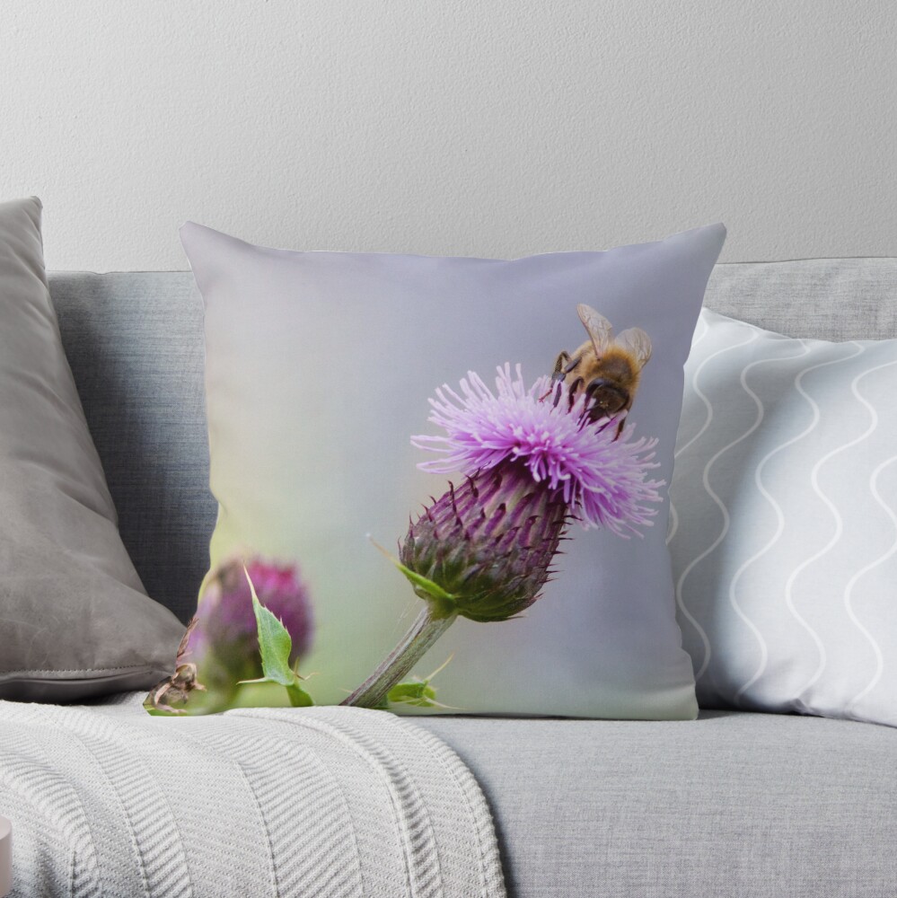 Honey Bee (Apis Mellifera) on a Purple Thistle Throw Pillow
