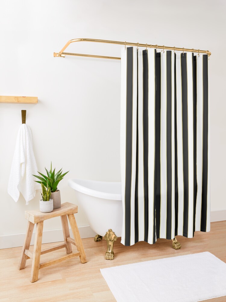 Alternate view of Vintage Art Deco Gold Black and White Pin Stripes Shower Curtain