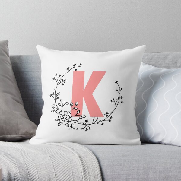 K Letter Monogram Pink with Floral Wreath Throw Pillow