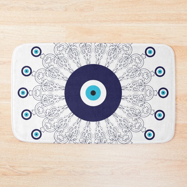 Navy Blue White Mediterranean Evil Eye Mandala Pattern Bath Mat