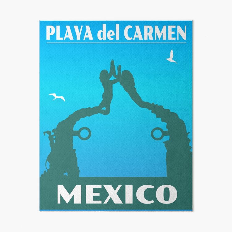 Vintage Travel Poster Mexico Playa del Carmen Portal Maya Statue Art Board Print