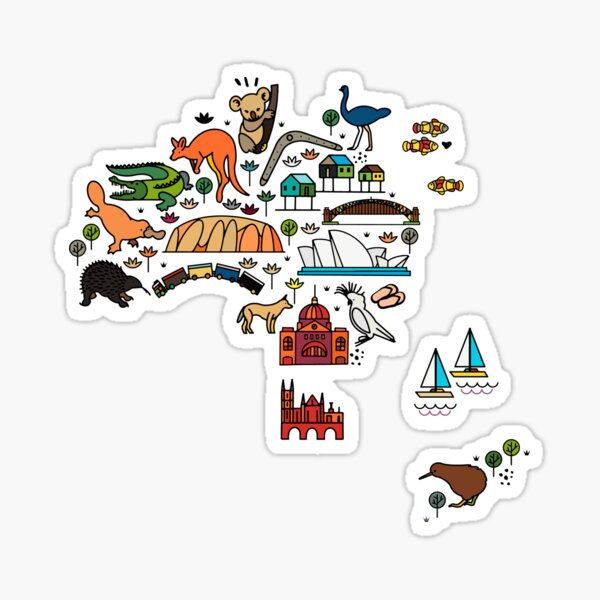 Cartoon map of Australia. Australia travel guide.  Travel Poster with animals and sightseeing attractions.  Sticker