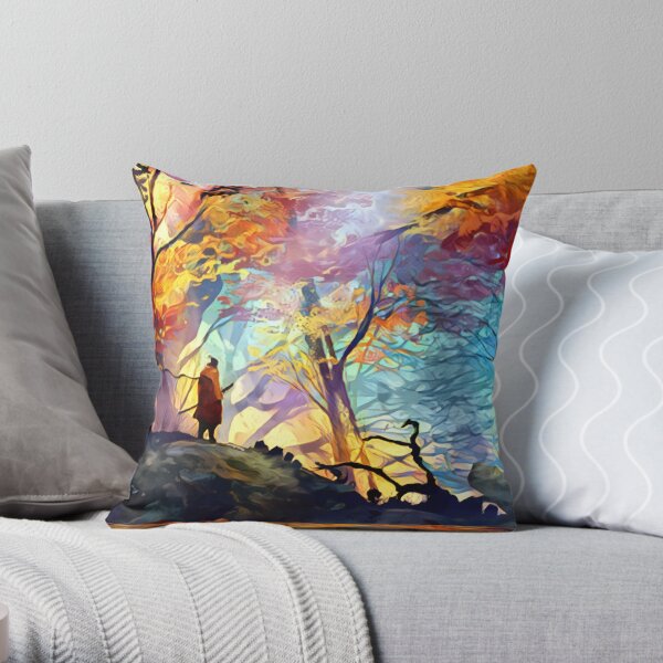 A Wolf in the Colorful Forest Throw Pillow