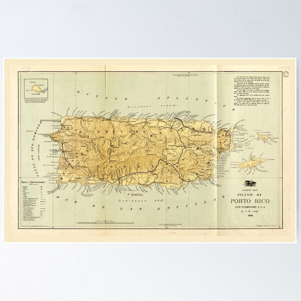 Vintage Old Map of Puerto Rico Island, 1886, Antique map outlet