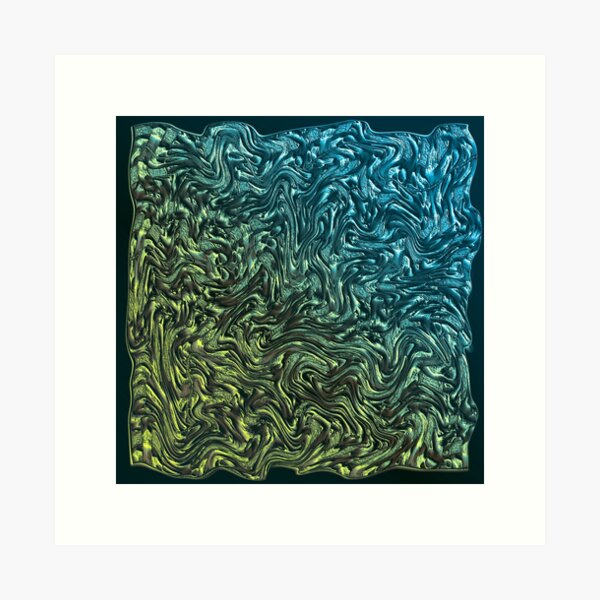 Aperçu de l'œuvre Plaque en métal doré et bleu avec courbes sculptées et plis sombres créée et vendue par ShapesColors.