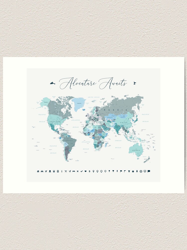 adventure awaits world map in teal art print by urbanepiphany redbubble