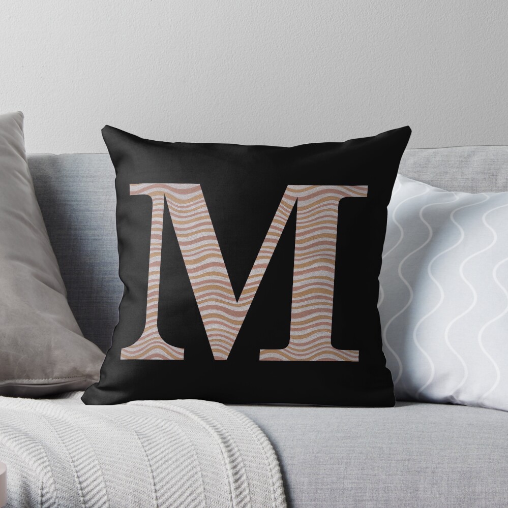 Letter M Metallic Look Stripes Silver Gold Copper Throw Pillow