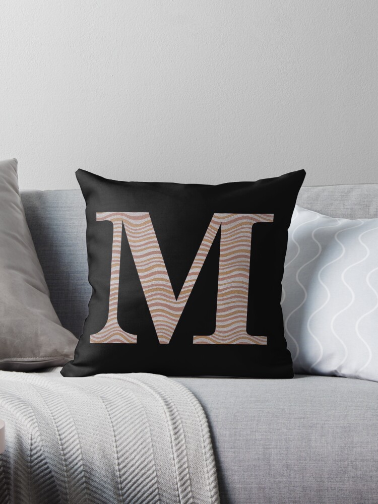 Thumbnail 1 of 3, Throw Pillow, Letter M Metallic Look Stripes Silver Gold Copper designed and sold by theartofvikki.