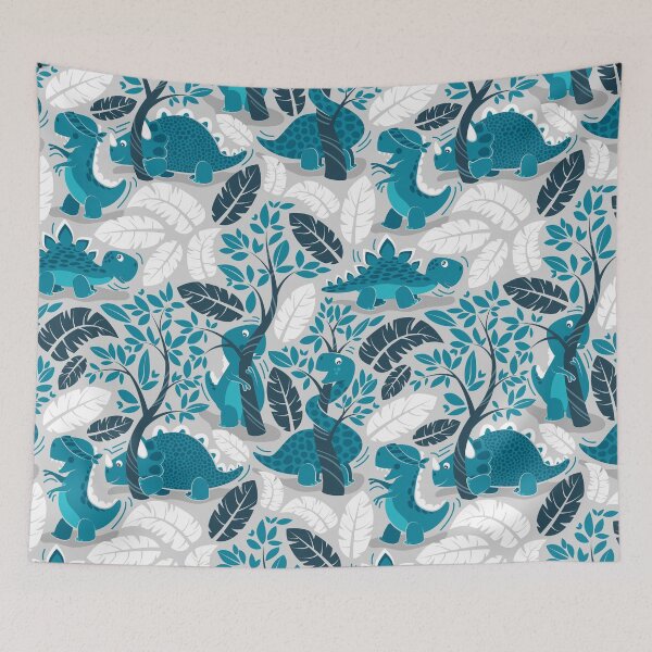 Item preview, Dinos playing hide-and-go-seek // grey background teal dinosaurs  designed and sold by SelmaCardoso.