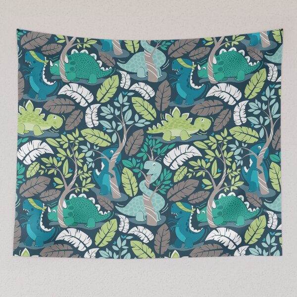 Item preview, Dinos playing hide-and-go-seek // blue background aqua teal and green dinosaurs designed and sold by SelmaCardoso.