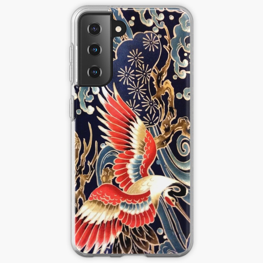 FLYING CRANES ,FLOWERS, SEA WAVES RED NAVY BLUE FLORAL Case & Skin for Samsung Galaxy