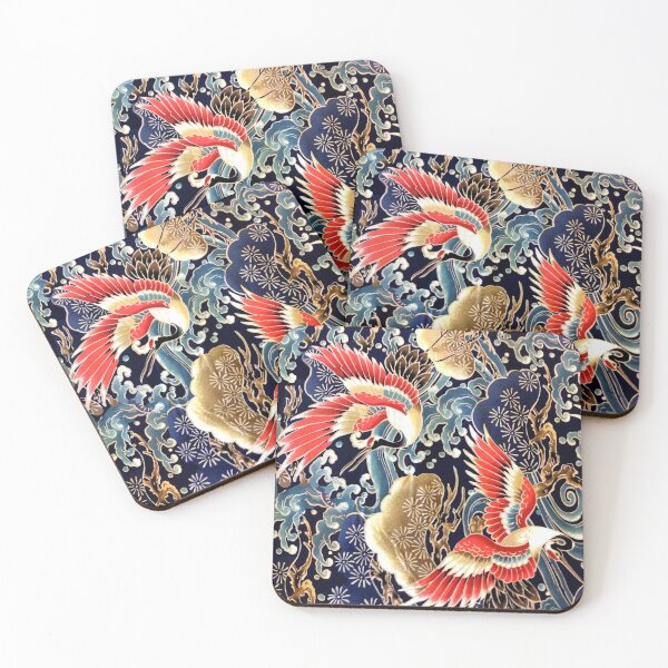 Item preview, JAPANESE FLYING CRANES ,FLOWERS, SEA WAVES RED NAVY BLUE FLORAL designed and sold by BulganLumini.