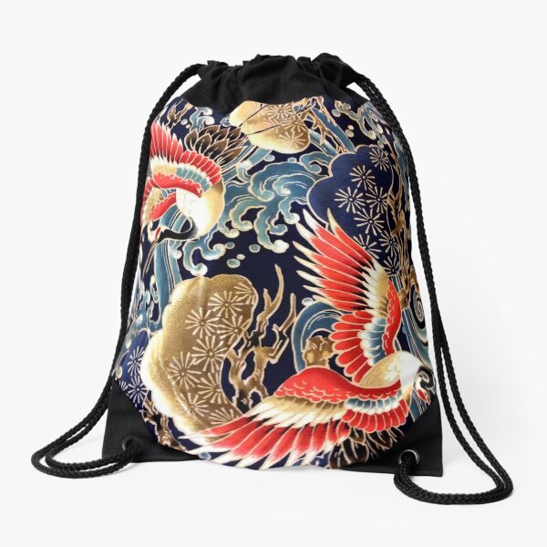 Aperçu de l'œuvre GRUES VOLANTES JAPONAISES, FLEURS, VAGUES ROUGE BLEU MARINE FLORAL créée et vendue par BulganLumini.