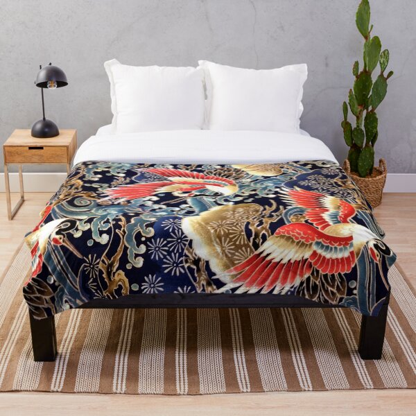 FLYING CRANES ,FLOWERS, SEA WAVES RED NAVY BLUE FLORAL Throw Blanket