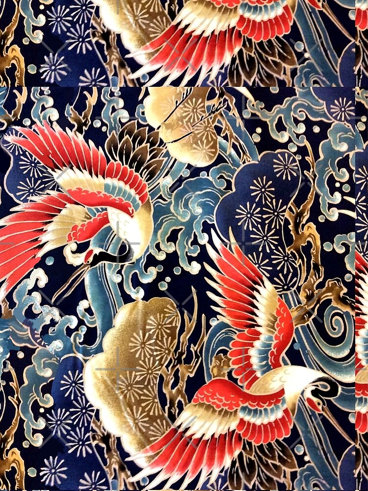 FLYING CRANES ,FLOWERS, SEA WAVES RED NAVY BLUE FLORAL by BulganLumini