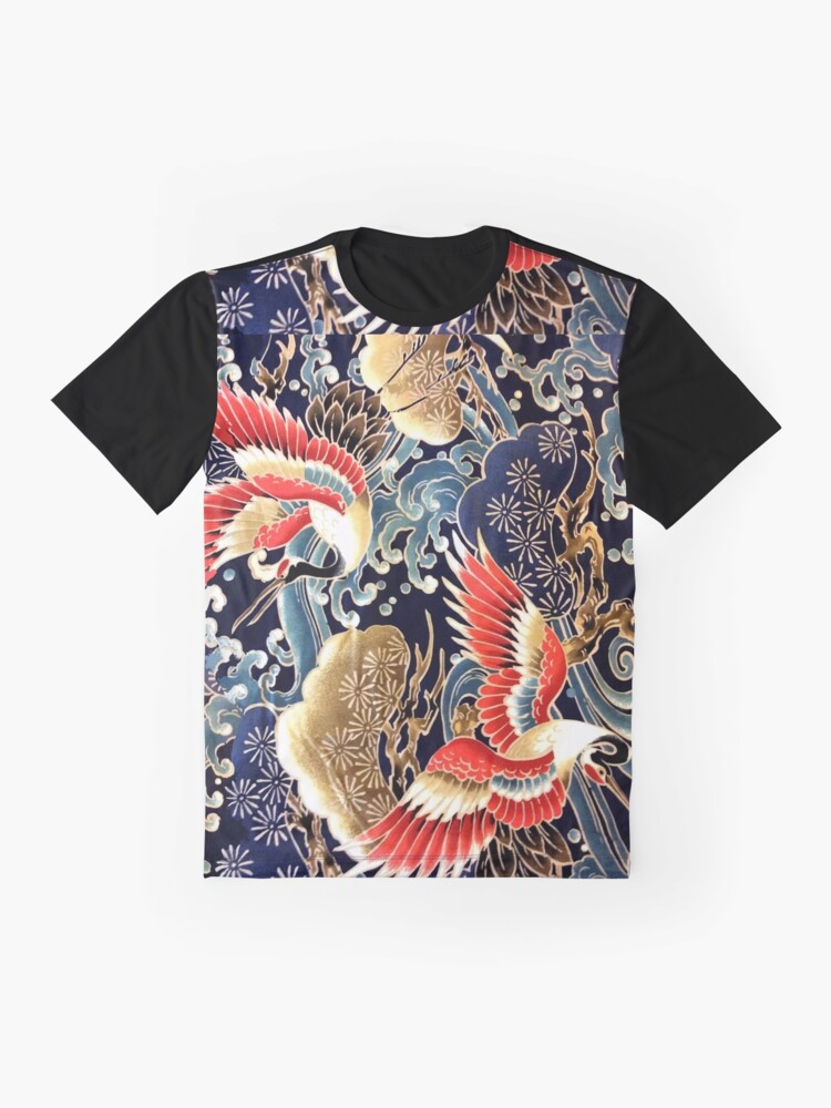 Alternate view of FLYING CRANES ,FLOWERS, SEA WAVES RED NAVY BLUE FLORAL Graphic T-Shirt